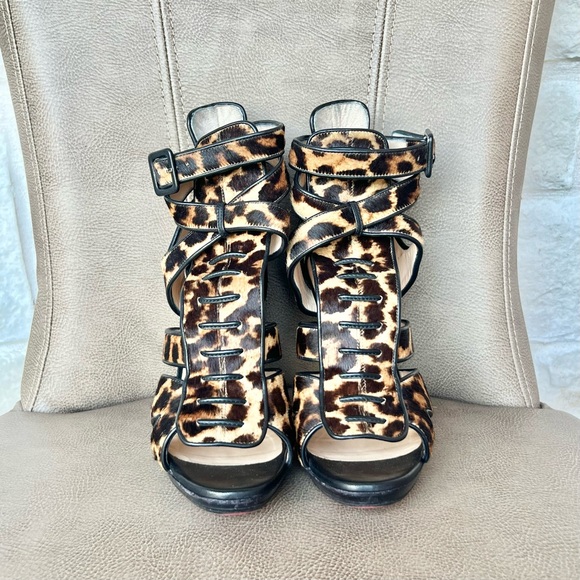 Christian loub Keny 120 Leopard Calf Hair Brown Black Gladiator Peep Toe 38 1/2 - Picture 4 of 16